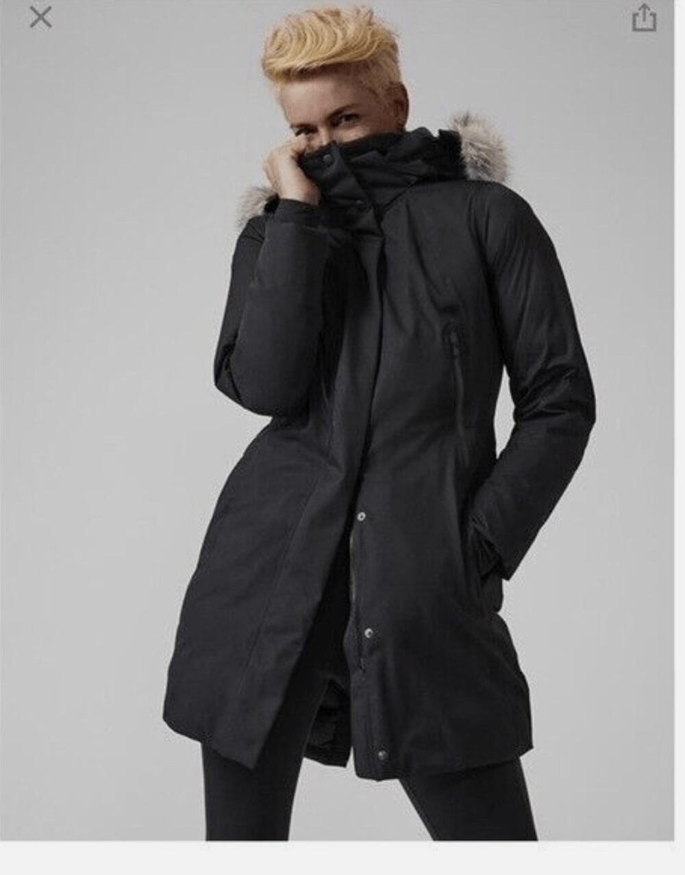 Athleta Outbound Parka Down Filled Rainout Sz M black Fur Trim Hood Knee length